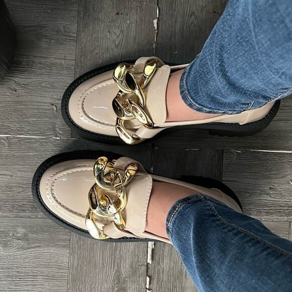 Taupe Chain Strap Platform Loafers - Picture 6 of 9